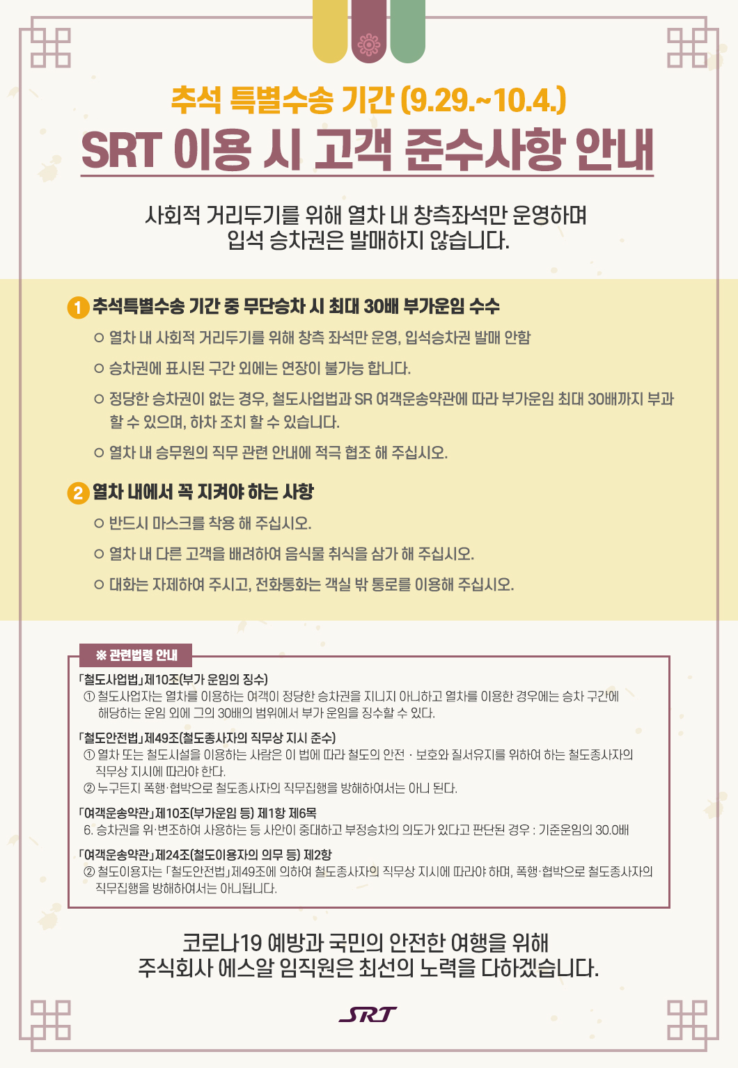 
추석 특별수송 기간 (9.29.~10.4.) SRT 이용 시 고객 준수사항 안내

사회적 거리두기를 위해 열차 내 창측좌석만 운영하며 입석 승차권은 발매하지 않습니다.

1. 추석특별수송 기간 중 무단승차 시 최대 30배 부가운임 수수
◦ 열차 내 사회적 거리두기를 위해 창측 좌석만 운영, 입석승차권 발매 안함
◦ 승차권에 표시된 구간 외에는 연장이 불가능 합니다.
◦ 정당한 승차권이 없는 경우, 철도사업법과 SR 여객운송약관에 따라 부가운임 최대 30배까지 부과
     할 수 있으며, 하차 조치 할 수 있습니다.
◦ 열차 내 승무원의 직무 관련 안내에 적극 협조 해 주십시오.

2. 열차 내에서 꼭 지켜야 하는 사항
◦ 반드시 마스크를 착용 해 주십시오.
◦ 열차 내 다른 고객을 배려하여 음식물 취식을 삼가 해 주십시오.
◦ 대화는 자제하여 주시고, 전화통화는 객실 밖 통로를 이용해 주십시오.

※ 관련법령 안내

「철도사업법」제10조(부가 운임의 징수) 
  ① 철도사업자는 열차를 이용하는 여객이 정당한 승차권을 지니지 아니하고 열차를 이용한 경우에는 승차 구간에   
       해당하는 운임 외에 그의 30배의 범위에서 부가 운임을 징수할 수 있다.
「철도안전법」제49조(철도종사자의 직무상 지시 준수)
  ① 열차 또는 철도시설을 이용하는 사람은 이 법에 따라 철도의 안전ㆍ보호와 질서유지를 위하여 하는 철도종사자의 
      직무상 지시에 따라야 한다.
  ② 누구든지 폭행·협박으로 철도종사자의 직무집행을 방해하여서는 아니 된다.
「여객운송약관」제10조(부가운임 등) 제1항 제6목
  6. 승차권을 위·변조하여 사용하는 등 사안이 중대하고 부정승차의 의도가 있다고 판단된 경우 : 기준운임의 30.0배
「여객운송약관」제24조(철도이용자의 의무 등) 제2항
  ② 철도이용자는 「철도안전법」제49조에 의하여 철도종사자의 직무상 지시에 따라야 하며, 폭행·협박으로 철도종사자의 
      직무집행을 방해하여서는 아니됩니다.

코로나19 예방과 국민의 안전한 여행을 위해 주식회사 에스알 임직원은 최선의 노력을 다하겠습니다.

SRT
