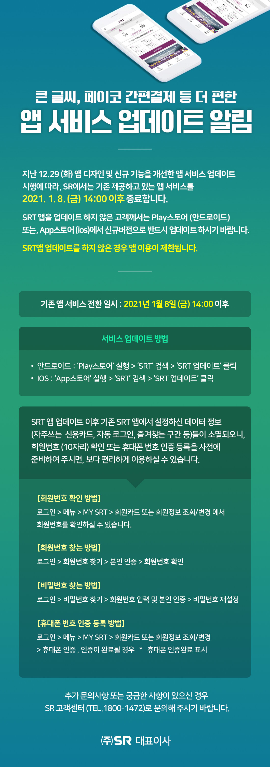 큰 글씨, 페이코 간편결제 등 더 편한 앱 서비스 업데이트 알림

지난 12.29 (화) 앱 디자인 및 신규 기능을 개선한 앱 서비스 업데이트 
시행에 따라, SR에서는 기존 제공하고 있는 앱 서비스를 
2021. 1. 8. (금) 14:00 이후 종료합니다.

SRT 앱을 업데이트 하지 않은 고객께서는 Play스토어 (안드로이드)
또는, App스토어 (ios)에서 신규버전으로 반드시 업데이트 하시기 바랍니다.

SRT앱 업데이트를 하지 않은 경우 앱 이용이 제한됩니다.  

기존 앱 서비스 전환 일시 : 2021년 1월 8일 (금) 14:00 이후

서비스 업데이트 방법 :  안드로이드 : ‘Play스토어’ 실행 > ‘SRT’ 검색 > ‘SRT 업데이트’ 클릭
IOS : ‘App스토어’ 실행 > ‘SRT’ 검색 > ‘SRT 업데이트’ 클릭 

SRT 앱 업데이트 이후 기존 SRT 앱에서 설정하신 데이터 정보
(자주쓰는  신용카드, 자동 로그인, 즐겨찾는 구간 등)들이 소멸되오니,
회원번호 (10자리) 확인 또는 휴대폰 번호 인증 등록을 사전에
준비하여 주시면, 보다 편리하게 이용하실 수 있습니다.

[회원번호 확인 방법]
로그인 > 메뉴 > MY SRT > 회원카드 또는 회원정보 조회/변경 에서
회원번호를 확인하실 수 있습니다.

[회원번호 찾는 방법]
로그인 > 회원번호 찾기 > 본인 인증 > 회원번호 확인

[비밀번호 찾는 방법]
로그인 > 비밀번호 찾기 > 회원번호 입력 및 본인 인증 > 비밀번호 재설정

[휴대폰 번호 인증 등록 방법]
로그인 > 메뉴 > MY SRT > 회원카드 또는 회원정보 조회/변경 
> 휴대폰 인증 , 인증이 완료될 경우   *   휴대폰 인증완료 표시

추가 문의사항 또는 궁금한 사항이 있으신 경우 
SR 고객센터 (TEL.1800-1472)로 문의해 주시기 바랍니다.

(주)SR 대표이사
