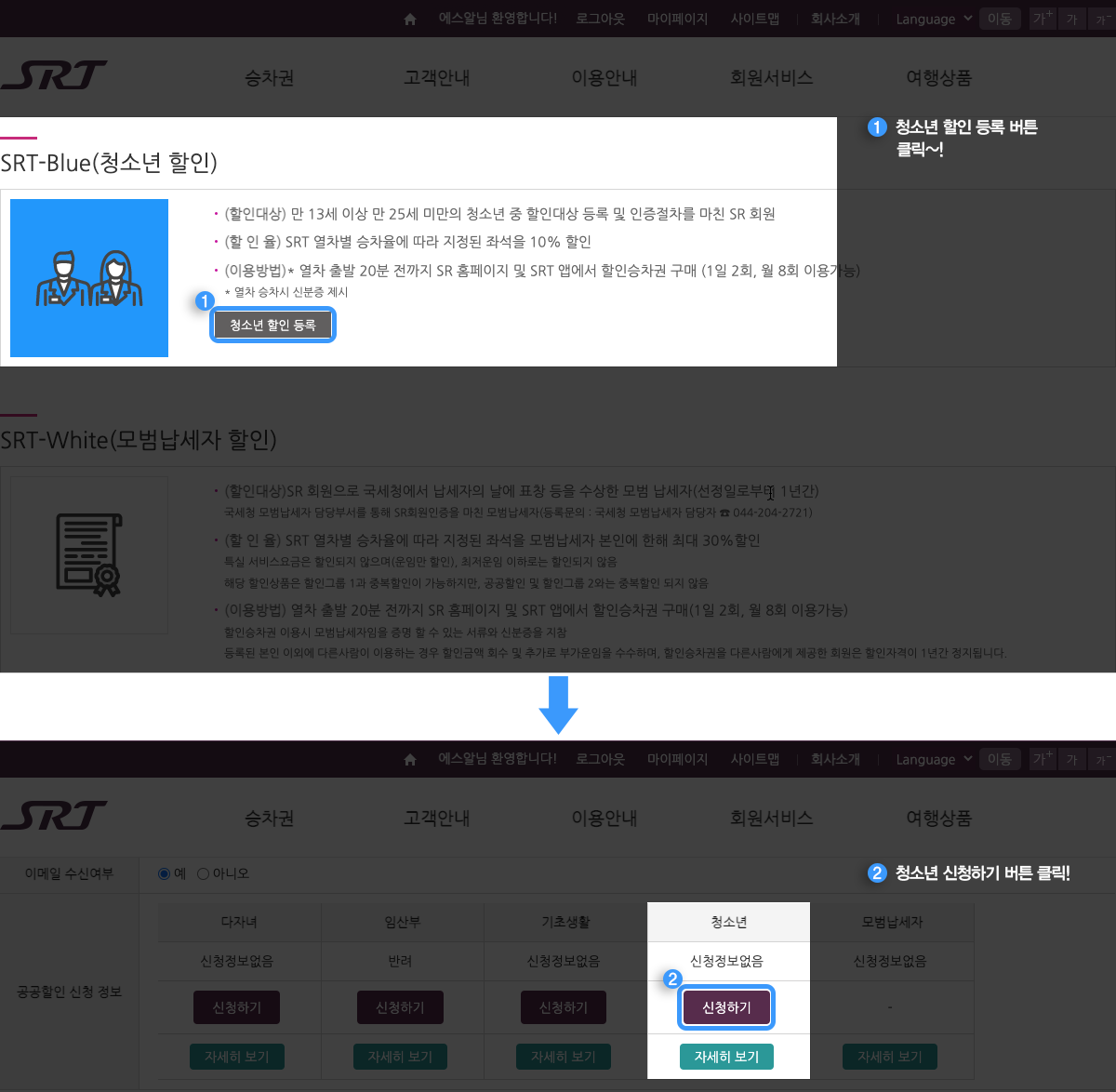 1. 청소년 할인 등록 버튼 클릭~! 2. 청소년 신청하기 버튼 클릭!