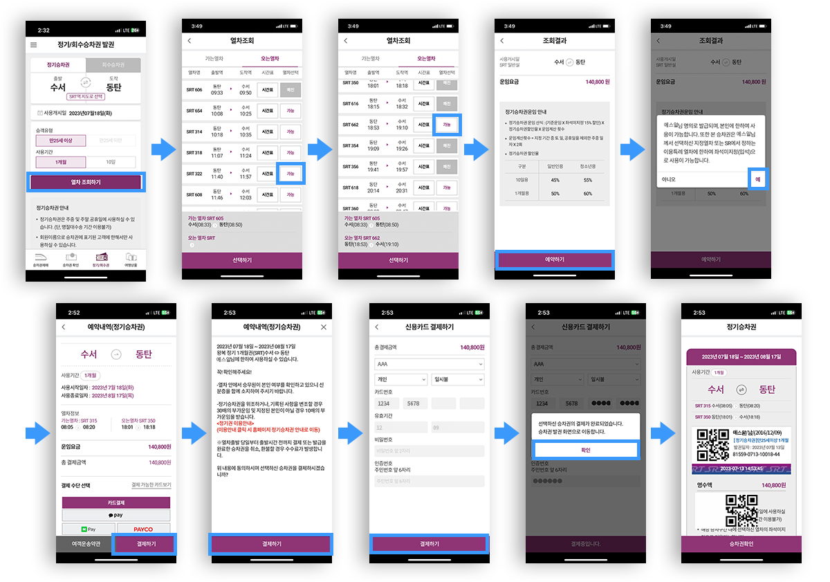 1. 선택사항 입력후 조회 > 2. 가는열차 선택 > 3. 오는열차 선택 > 4. 예약하기 > 5.명의 확인 동의하기 > 6. 신용카드 결제 > 7. 예약내역 동의 확인 > 8. 결제정보 입력 > 9. 결제완료 > 10. 정기승차권 확인