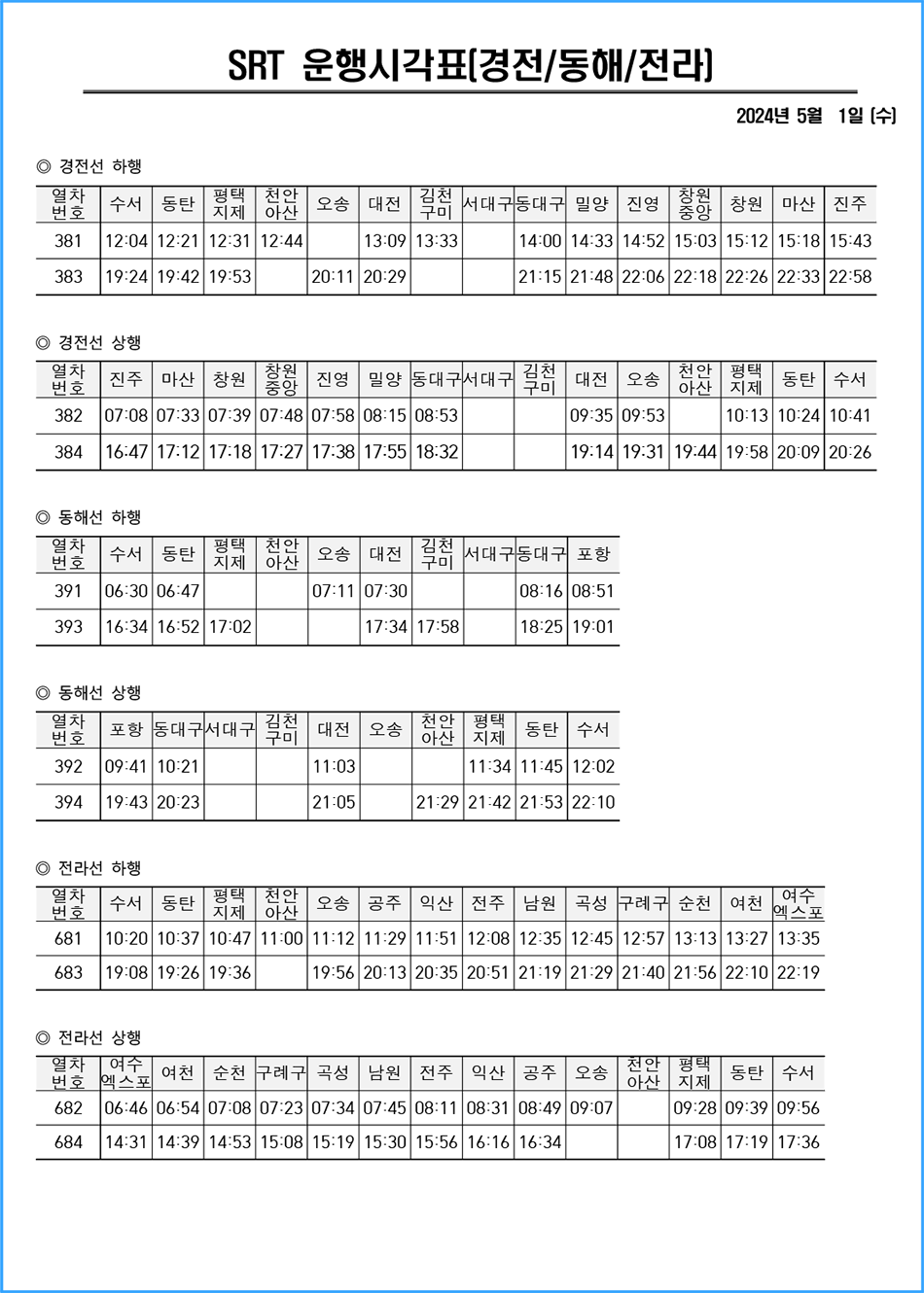 SRT 열차운행시각표(경전/동해/전라선)