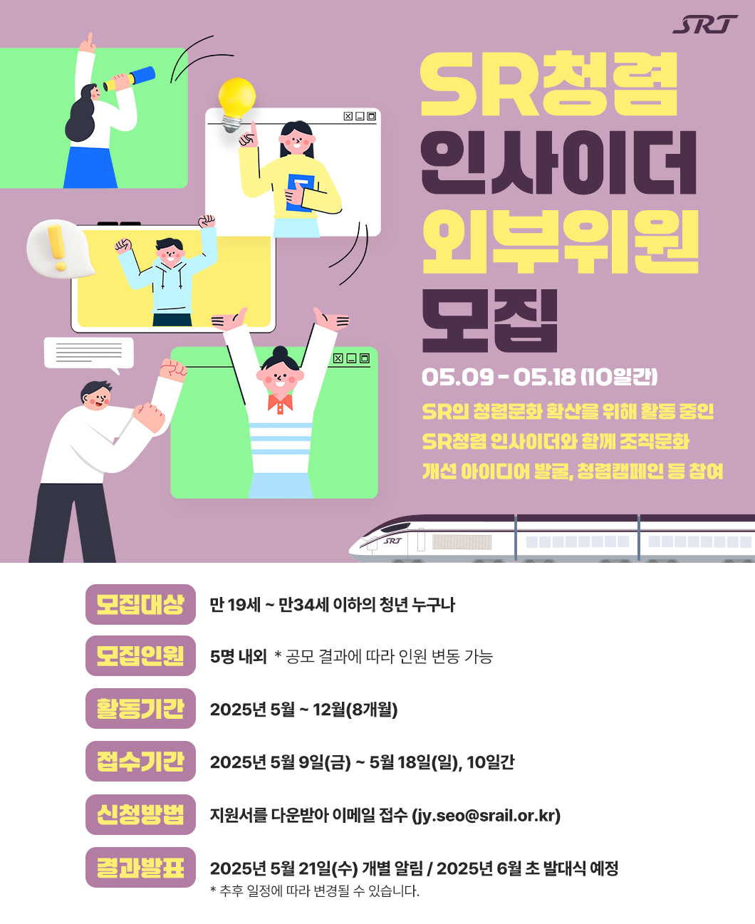 SR청렴 인사이더 외부위원 모집 05.09 - 05.18 (10일간) SR의 청렴문화 확산을 위해 활동 중인  SR청렴 인사이더와 함께 조직문화 개선 아이디어 발굴, 청렴캠페인 등 참여   - 모집대상 : 만 19세 ~ 만34세 이하의 청년 누구나   - 모집인원 : 5명 내외     * 공모 결과에 따라 인원 변동 가능   - 활동기간 : 2025년 5월 ~ 12월(8개월) - 접수기간 : 2025년 5월 9일(금) ~ 5월 18일(일), 10일간    - 신청방법 : 지원서를 다운받아 이메일 접수 (jy.seo@srail.or.kr)   - 결과발표 : 2025년 5월 21일(수) 개별 알림               2025년 6월 초 발대식 예정                * 추후 일정에 따라 변경될 수 있습니다.