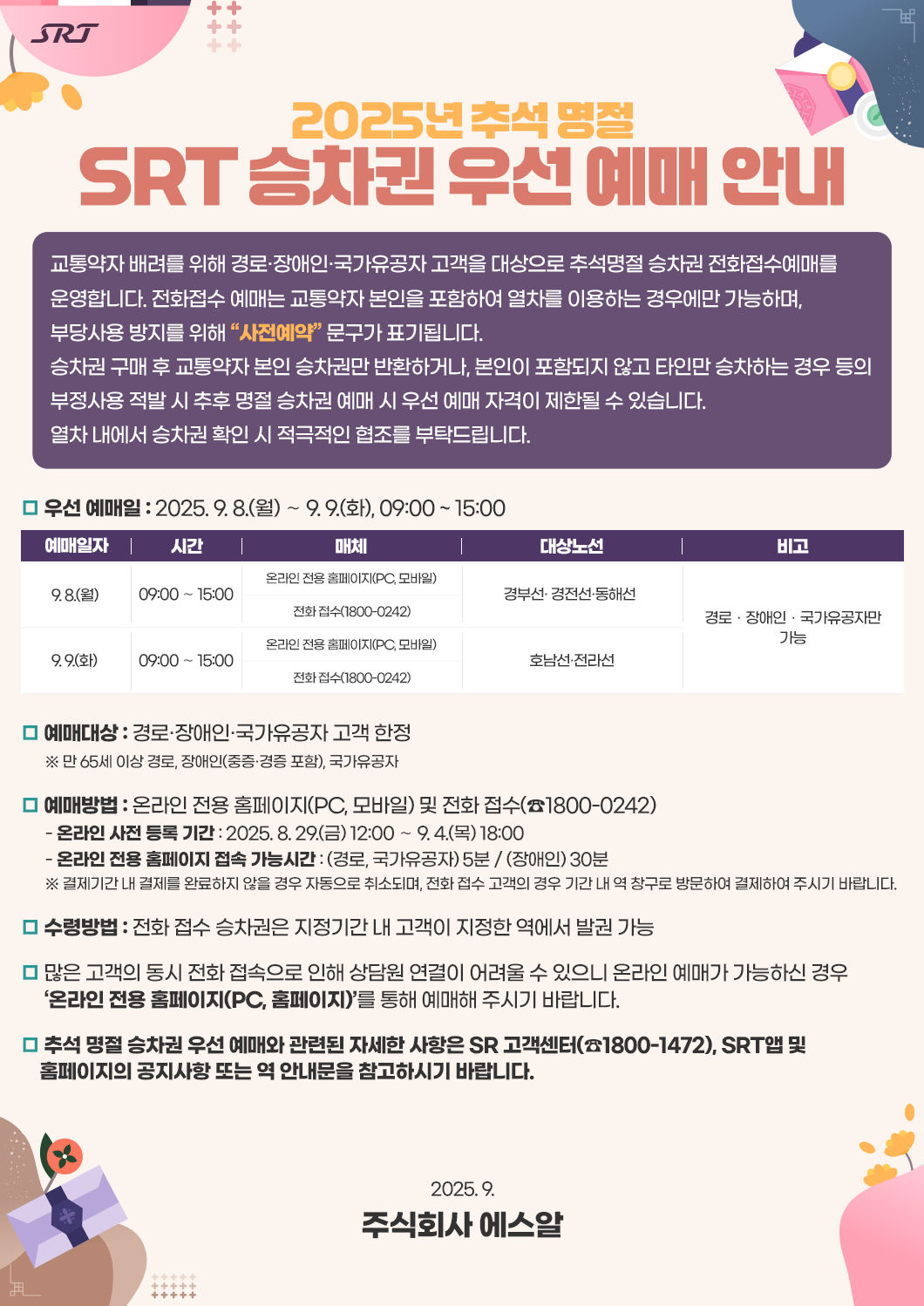 2025년 추석 명절 SRT 승차권 우선 예매 안내  교통약자 배려를 위해 경로·장애인·국가유공자 고객을 대상으로 추석명절 승차권 전화접수예매를 운영합니다. 전화접수 예매는 교통약자 본인을 포함하여 열차를 이용하는 경우에만 가능하며, 부당사용 방지를 위해 “사전예약” 문구가 표기됩니다. 승차권 구매 후 교통약자 본인 승차권만 반환하거나, 본인이 포함되지 않고 타인만 승차하는 경우 등의 부정사용 적발 시 추후 명절 승차권 예매 시 우선 예매 자격이 제한될 수 있습니다.  열차 내에서 승차권 확인 시 적극적인 협조를 부탁드립니다.  □ 우선 예매일 : 2025. 9. 8.(월) ∼ 9. 9.(화), 09:00 ~ 15:00 9.8.(월) 09:00~15:00 온라인 전용홈페이지(PC, 모바일), 1800-0242 전화접수 경부선·경전선·동해선 경로·장애인·국가유공자만 가능 9.9.(화) 09:00~15:00 온라인 전용홈페이지(PC, 모바일), 1800-0242 전화접수 호남선·전라선 경로·장애인·국가유공자만 가능  □ 예매대상 : 경로·장애인·국가유공자 고객 한정        ※ 만 65세 이상 경로, 장애인(중증·경증 포함), 국가유공자  □ 예매방법 : 온라인 전용 홈페이지(PC, 모바일) 및 전화 접수(☎1800-0242)        - 온라인 사전 등록 기간 : 2025. 8. 29.(금) 12:00 ∼ 9. 4.(목) 18:00       - 온라인 전용 홈페이지 접속 가능시간 : (경로, 국가유공자) 5분 / (장애인) 30분         ※ 결제기간 내 결제를 완료하지 않을 경우 자동으로 취소되며, 전화 접수 고객의 경우 기간 내 역 창구로 방문하여 결제하여 주시기 바랍니다. □ 수령방법 : 전화 접수 승차권은 지정기간 내 고객이 지정한 역에서 발권 가능 □ 많은 고객의 동시 전화 접속으로 인해 상담원 연결이 어려울 수 있으니 온라인 예매가 가능하신 경우       ‘온라인 전용 홈페이지(PC, 홈페이지)’를 통해 예매해 주시기 바랍니다. □ 추석 명절 승차권 우선 예매와 관련된 자세한 사항은 SR 고객센터(☎1800-1472), SRT앱 및      홈페이지의 공지사항 또는 역 안내문을 참고하시기 바랍니다. 2025. 9. 주식회사 에스알