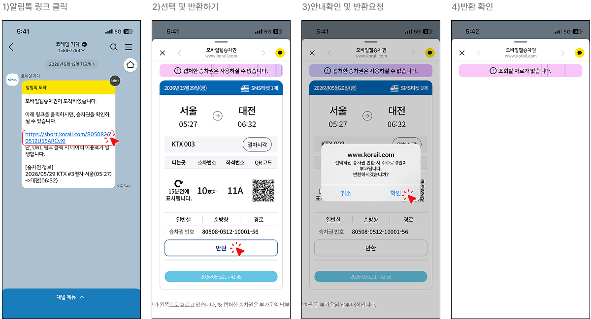 1. 알림톡 링크 클릭 > 2. 선택 및 반환하기 > 3. 안내확인 및 반환요청 > 4. 반환 확인