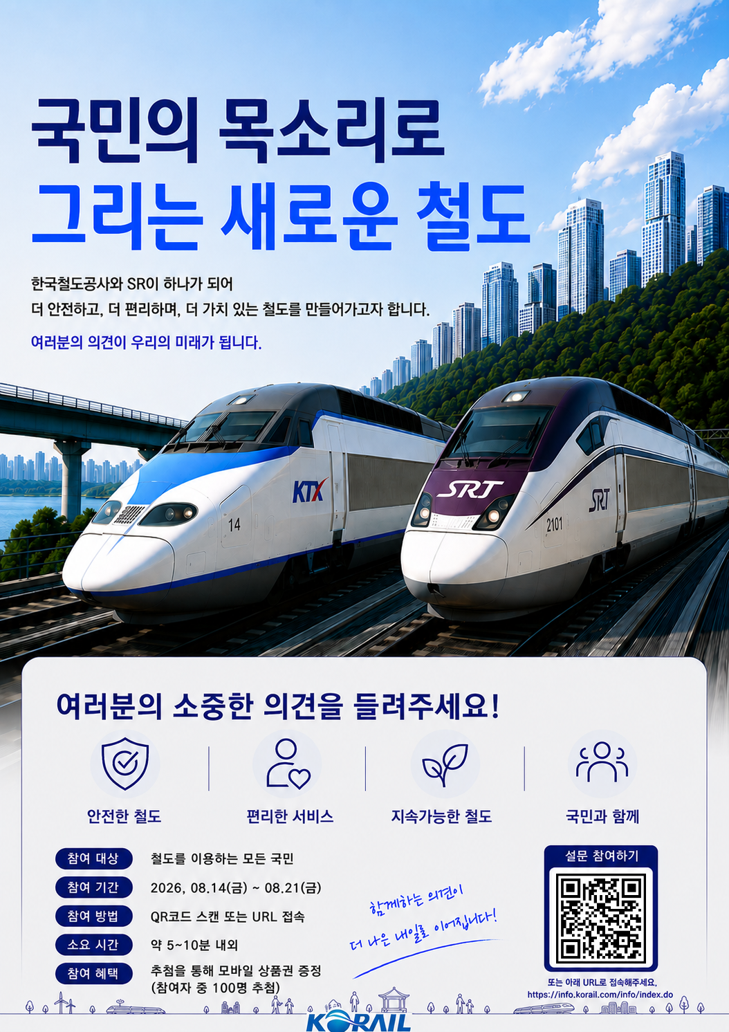 국민의 목소리로 그리는 새로운 철도  한국철도공사와 SR이 하나가 되어 더 안전하고, 더 편리하며, 더 가치 있는 철도를 만들어가고자 합니다. 여러분의 의견이 우리의 미래가 됩니다.  여러분의 소중한 의견을 들려주세요!   참여 대상 철도를 이용하는 모든 국민 참여 기간 2026.08.14(금) ~ 08.21(금) 참여 방법 qr코드 스캔 또는 url접속 소요 시간 약 5~10분 내외 참여 혜택 추첨을 통해 모바일 상품권 증정(참여자 중 100명 추첨)