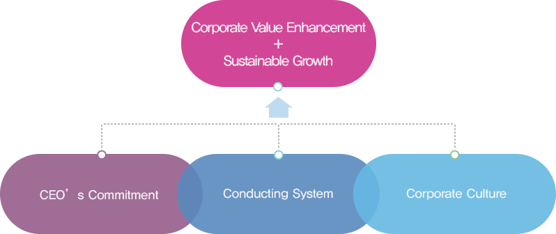 최고경영자(CEO)추진의지 + 실천시스템(conducting system) + 기업문화(corporate culture) = 기업가치제고+지속가능성장