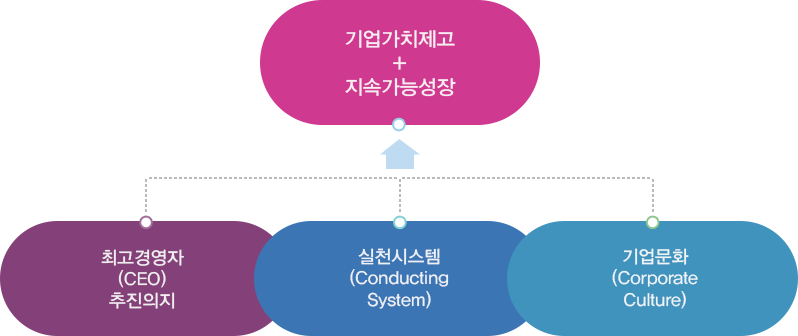 최고경영자(CEO)추진의지 + 실천시스템(conducting system) + 기업문화(corporate culture) = 기업가치제고+지속가능성장